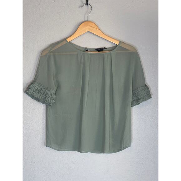 Y2K Moda International Sheer Short Sleeve Silk Top XS Ruffle Sage Green Career - Picture 1 of 7